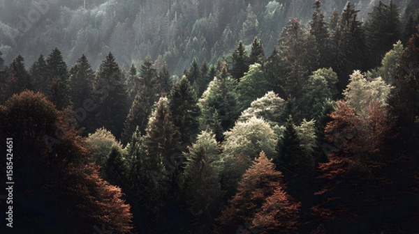 Obraz dense forest canopy with mixed green and red foliage in a vibrant natural landscape from above
