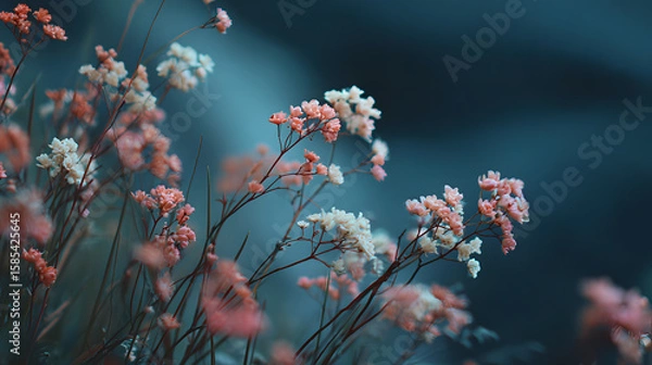 Obraz wildflowers glowing in soft moonlight against a dark misty landscape with cool tones and quiet mood