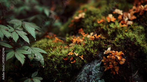 Obraz closeup of vibrant moss growing over stone with green and burnt orange tones in natural textures