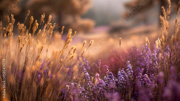 Obraz sunlit purple field in golden hour with warm tones and natural scenery in a blooming landscape