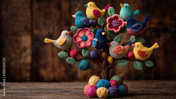 Fototapeta A handcrafted yarn tree with colorful crocheted birds and bright flowers, resting on multicolored yarn balls, in a cozy crafting space with a wooden background, creating a vibrant, whimsical scene.