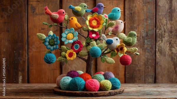 Fototapeta A handcrafted yarn tree with colorful crocheted birds and bright flowers, resting on multicolored yarn balls, in a cozy crafting space with a wooden background, creating a vibrant, whimsical scene.