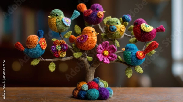 Fototapeta A handcrafted yarn tree with colorful crocheted birds and bright flowers, resting on multicolored yarn balls, in a cozy crafting space with a wooden background, creating a vibrant, whimsical scene.