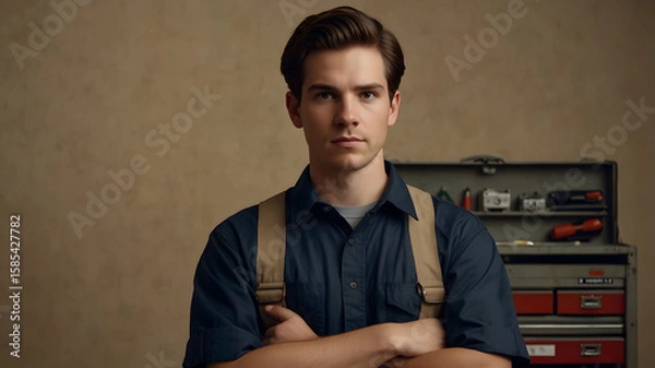 Fototapeta A serious mechanic in a blue uniform stands with his arms crossed in front of his toolbox, ready to tackle any repair job with exp