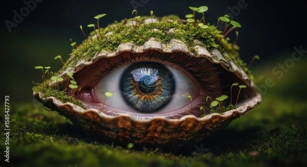 Fototapeta A surreal eye emerges from a mosscovered shell in a forest