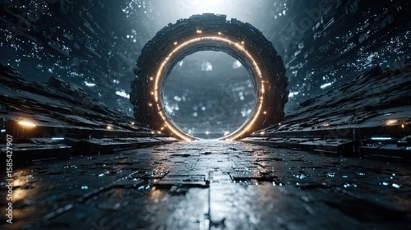 Fototapeta Sci-fi time travel portal concept with glowing lights, futuristic technology and fantasy-inspired digital background