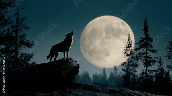 Fototapeta A wolf stands atop a rock, howling at the full moon on a bright night, surrounded by a coniferous forest, with the wolf and moon prominently featured in the foreground.