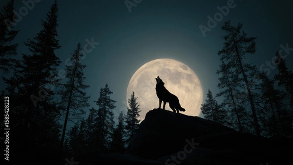 Fototapeta A wolf stands atop a rock, howling at the full moon on a bright night, surrounded by a coniferous forest, with the wolf and moon prominently featured in the foreground.