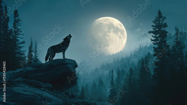 Fototapeta A wolf stands atop a rock, howling at the full moon on a bright night, surrounded by a coniferous forest, with the wolf and moon prominently featured in the foreground.
