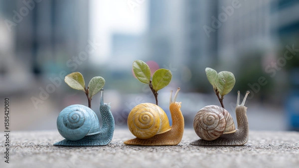 Fototapeta Three colorful snails with leaves sprouting from their shells, each a different hue, set against the backdrop of tall city buildings.