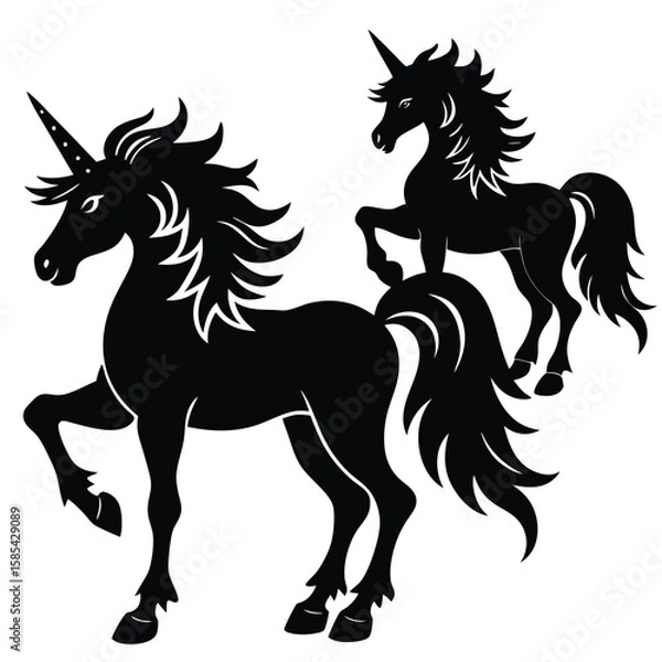 Fototapeta Set of Graceful Vector Silhouettes of Unicorns with Flowing Manes and Tails