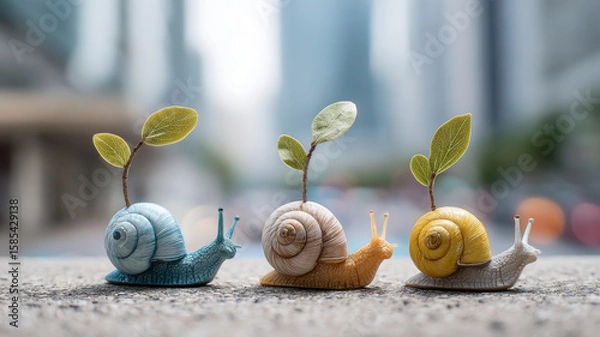 Fototapeta Three colorful snails with leaves sprouting from their shells, each a different hue, set against the backdrop of tall city buildings.