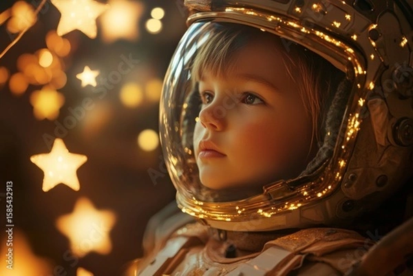 Fototapeta Young child in spacesuit surrounded by glowing stars