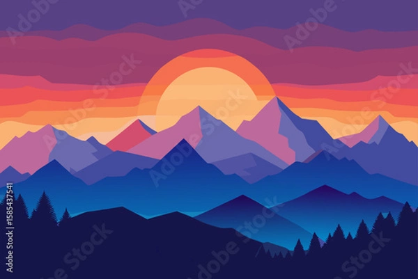 Fototapeta Sun Setting Behind Layered Mountain Fans Fading in the Mist