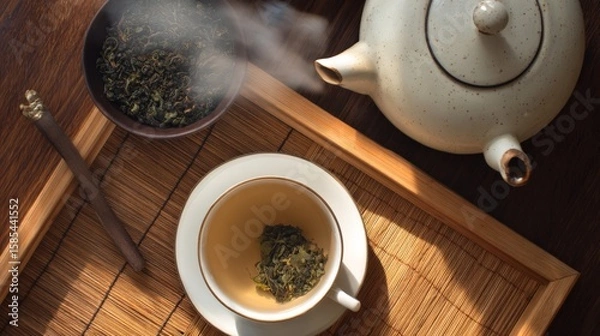 Obraz Steaming Cup of Herbal Tea with Tea Leaves and Teapot on Wooden Tray