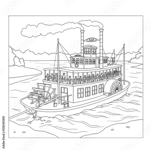 Obraz Riverboat Cruise A detailed illustration of a steam-powered riverboat cruising on a river