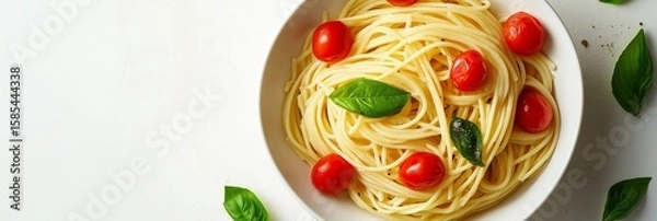 Fototapeta Pasta with cherry tomatoes and basil in bowl for food blog banner, 3:1 image with white background and copy space on left, warm golden lighting for website or digital content header