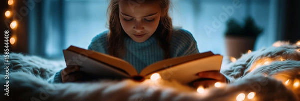 Fototapeta Child reading a book in cozy bedroom lighting, banner for blog or website, 3:1 header image with warm tones and copy space on right for digital content