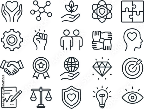 Fototapeta Core values as trust, integrity, environment, empowerment, strategy, morality and more editable stroke outline icons set isolated on white background flat vector illustration