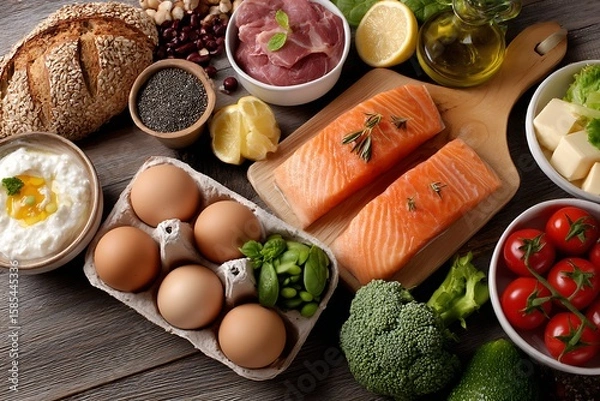 Fototapeta A weekly balanced diet plan laid out with fresh ingredients, showcasing a variety of healthy food options neatly arranged on the table.