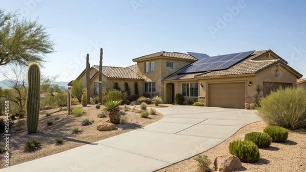 Fototapeta Energy-Efficient Suburban Home with Solar Panels in a Sunny Desert Landscape