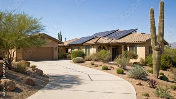 Fototapeta Energy-Efficient Suburban Home with Solar Panels in a Sunny Desert Landscape