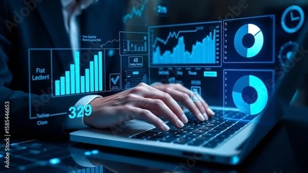 Fototapeta Hands Typing on Laptop with Data Charts – Business Analytics and Digital Insights