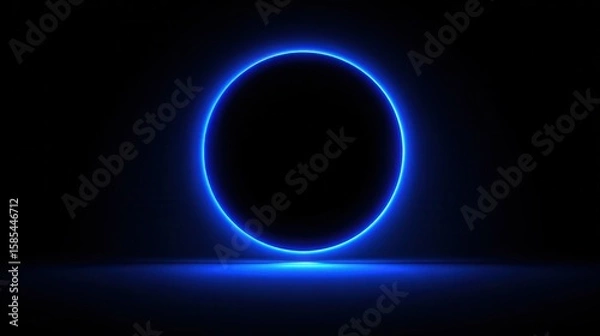Obraz A 4K photo of blue circle light frame on black background.Blue light effects on round placeholder for your text on dark background.a blue glowing circle.for futuristic or.
