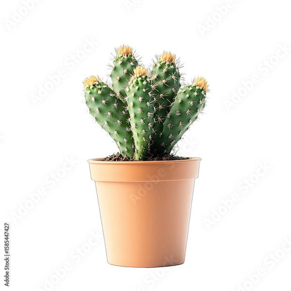 Fototapeta A small, potted cactus with multiple upright, segmented arms, topped with light yellow spines, sits in a terracotta pot against a black background