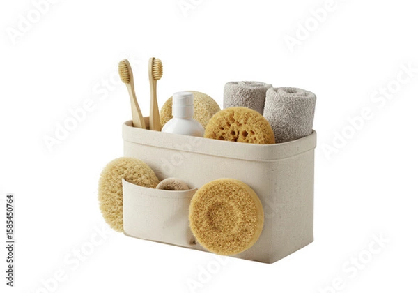 Obraz A natural linen bathroom organizer filled with toiletries, toothbrushes, sponges, and towels isolated on transparent background