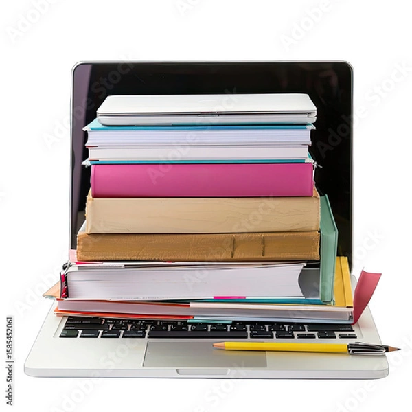 Fototapeta A stack of colorful books and notebooks rests on a laptop keyboard, a pencil and brush laid across the bottom.  The laptop screen is dark
