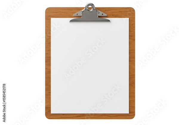 Obraz A wooden clipboard with a metal clip holding a blank white sheet of paper, isolated on a transparent background