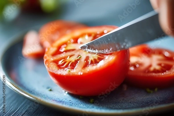Fototapeta A sharp knife slicing fresh tomato on a plate, symbolizing the importance of fresh ingredients in healthy, balanced meals.