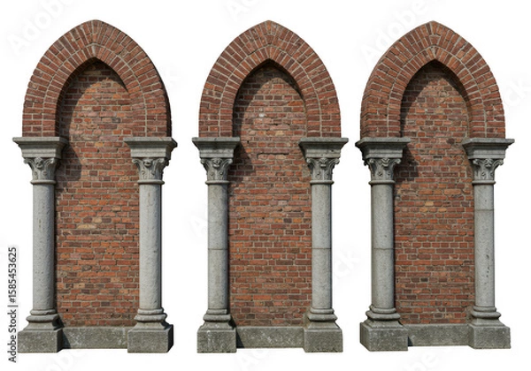 Obraz Three gothic archways with stone columns and brick walls are isolated on a transparent background