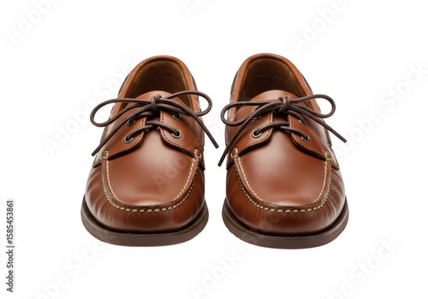Obraz A pair of classic brown leather boat shoes with laces, isolated on a transparent background