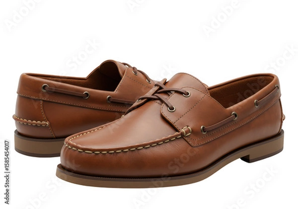 Obraz A pair of classic brown leather boat shoes with laces, viewed from the side, isolated on white isolated on transparent background