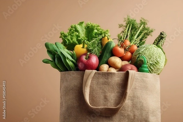 Fototapeta A shopping bag filled with healthy diet foods, emphasizing a nutritious, balanced grocery list for those seeking a healthy lifestyle.