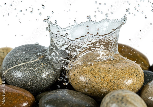 Obraz A dynamic splash of water crowns a collection of wet, smooth stones isolated on transparent background
