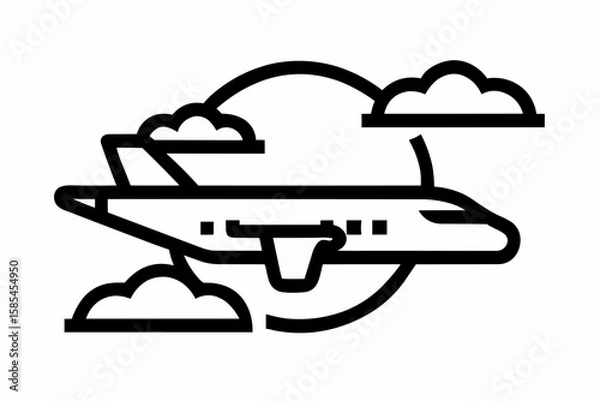 Obraz Airplane icon flying through clouds with a circular backdrop in a simple black line drawing style