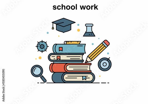 Obraz Illustration of a stack of books with a pencil, magnifying glass, and graduation cap for education theme