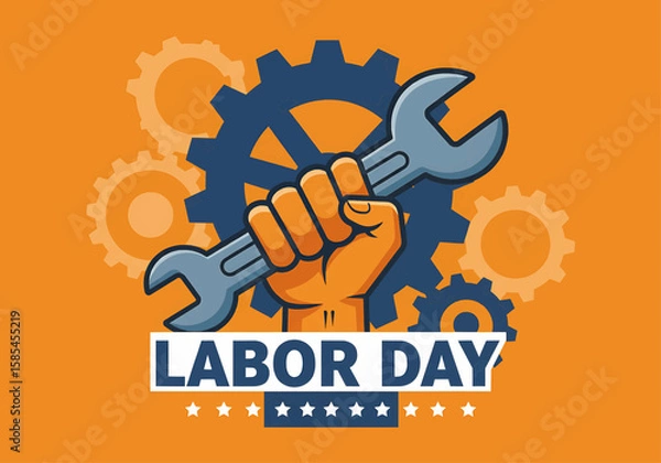 Obraz Illustration of labor day with a fist holding a wrench and gears on an orange background design art