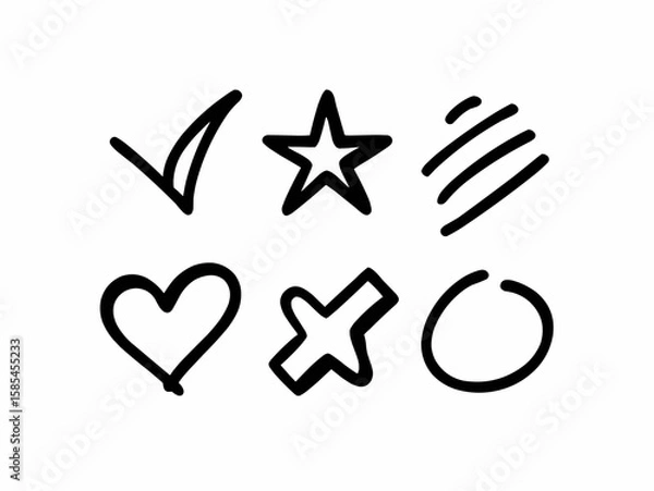 Obraz Illustration of hand drawn check mark, star, lines, heart, cross and circle on a white background