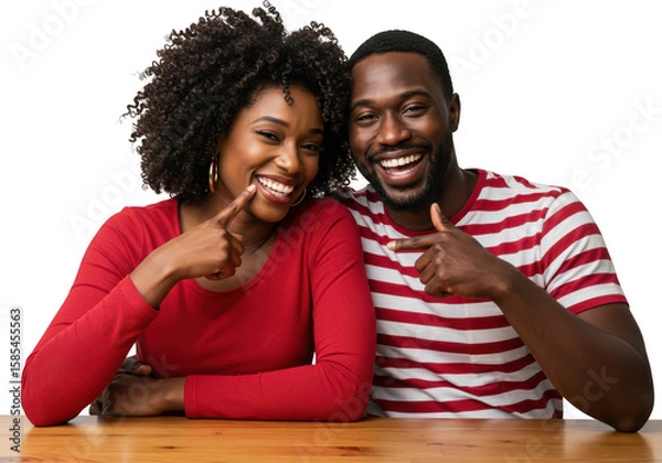 Obraz A happy couple, a woman and a man, smiling and pointing at each other, isolated on a transparent background