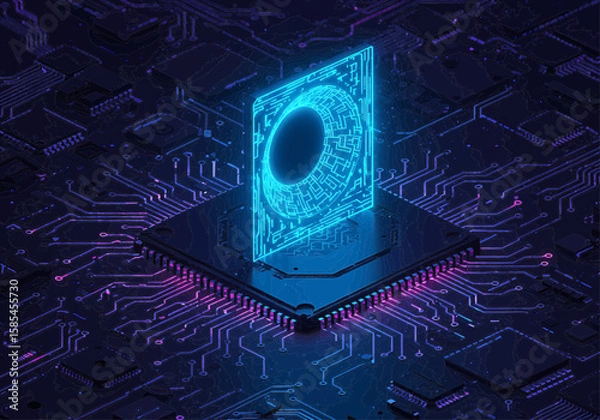 Obraz Glowing blue futuristic portal above a chip with intricate circuit board connections visible around it
