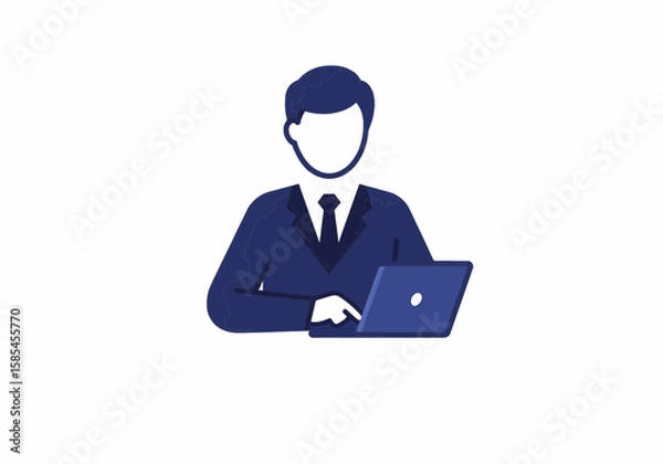 Obraz Illustration of a faceless man in suit working on a laptop against a white background space for text