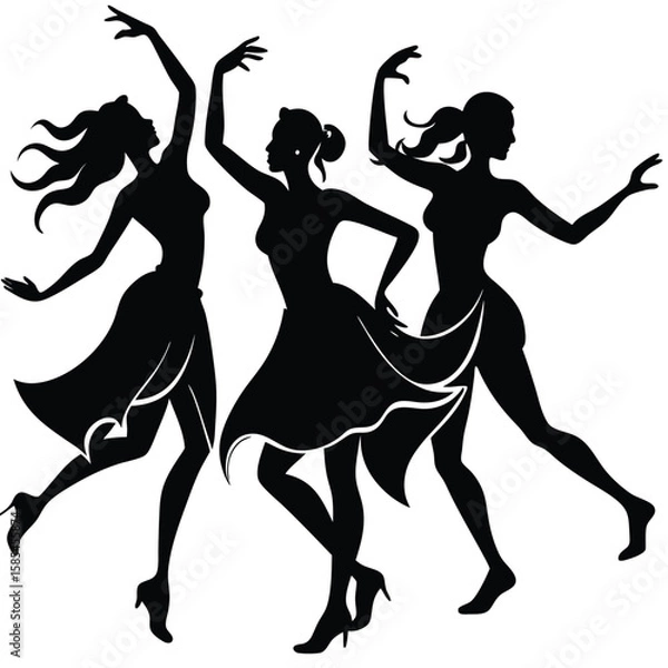 Fototapeta Silhouettes of Dancing Women Isolated on a White Background
