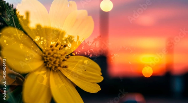 Fototapeta Flower on the background of the city landscape at sunset. Bright colorful illustration with double exposure