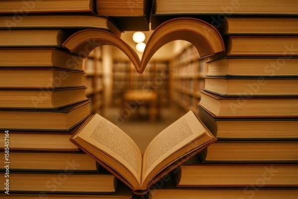 Fototapeta Open book and stacked volumes form heart in library. Great for book clubs, academic posters, or romance in literature promotions.
