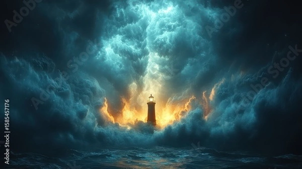 Fototapeta A small yet powerful storm brews inside a pot, a lighthouse its only source of light and hope