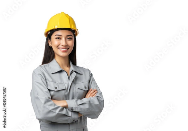 Obraz A smiling asian woman wearing a yellow hard hat and grey work uniform with arms crossed, looking confident, isolated on a transparent background